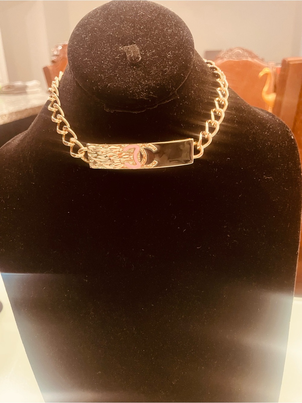 Gold-Tone Chain Necklace with Pink Accent Logo Plate